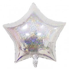 balon in forma de stea, cu efect holografic, 55 cm, argintiu