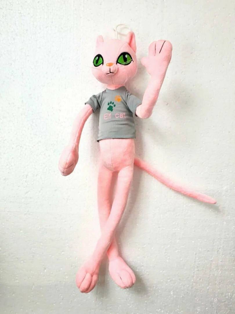 jucarie de plus, pisica cu insertie metalica, elf cat, 50 cm, roz