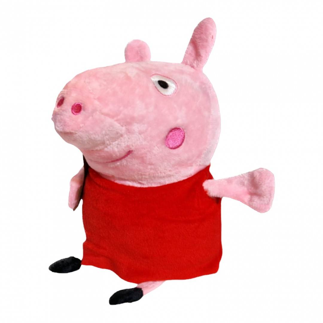 jucarie de plus cu detalii brodate, muzicala, purcelusa pig cu rochita rosie, 25 cm