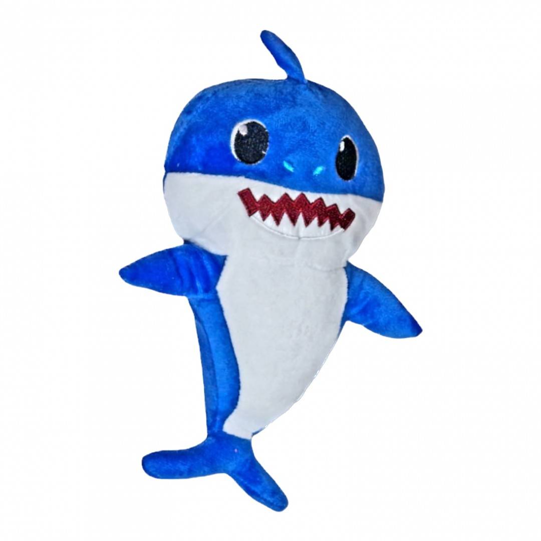 jucarie din plus, baby shark, rechin cu detalii brodate,  27 cm, albastru