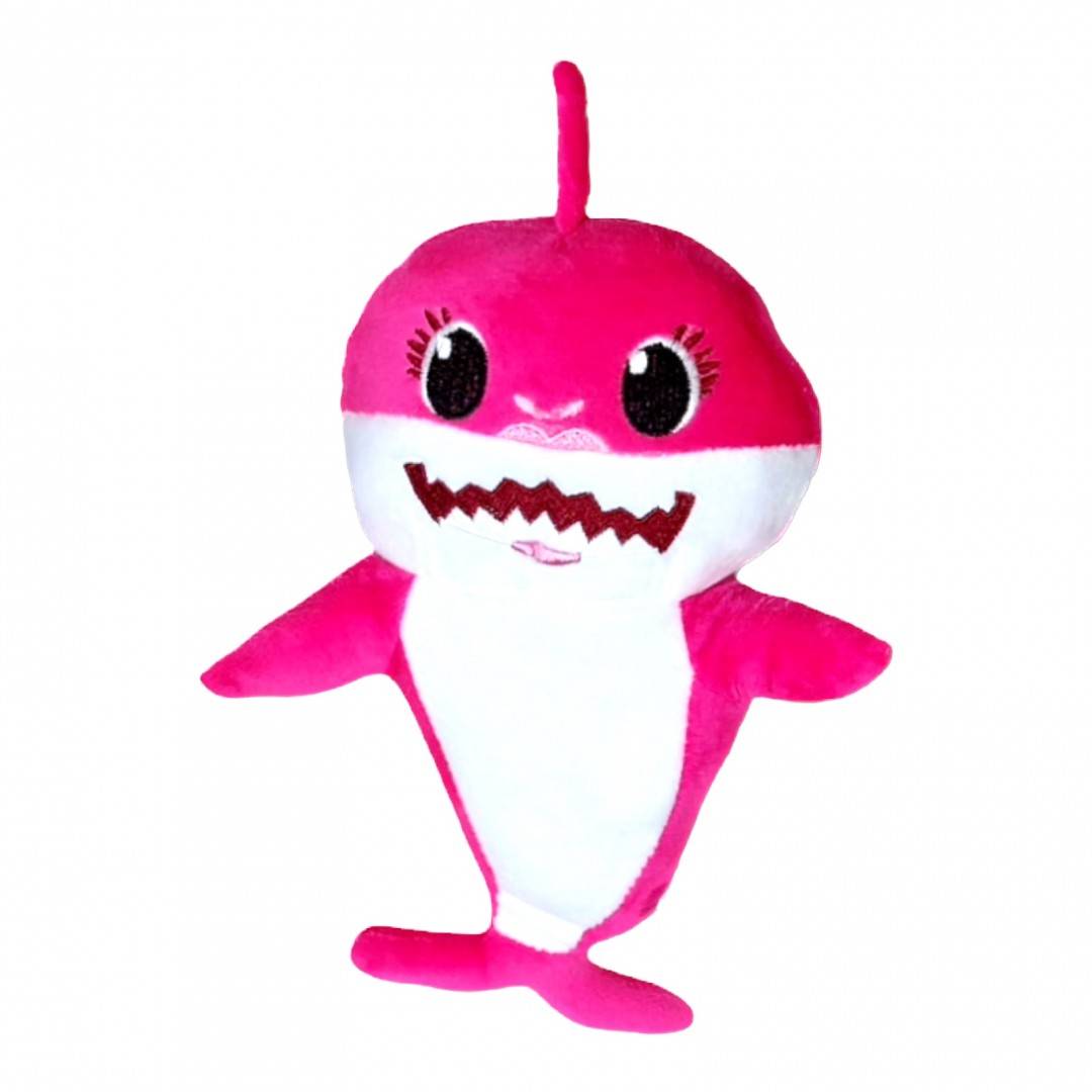 jucarie din plus, baby shark, rechin cu detalii brodate,  27 cm, roz