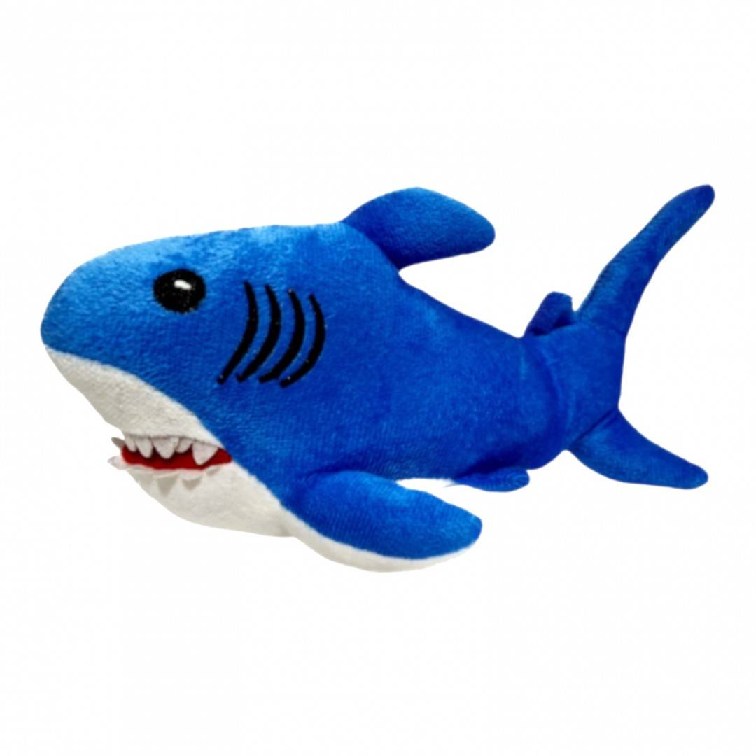 jucarie din plus, rechin cu detalii brodate, baby shark, 27 cm, albastru