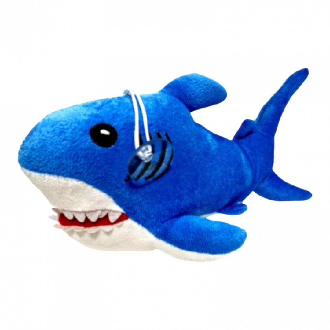 jucarie din plus, rechin cu detalii brodate, baby shark, 27 cm, albastru