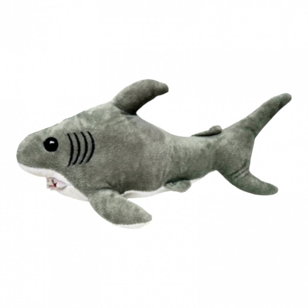 jucarie din plus, rechin cu detalii brodate, baby shark, 27 cm, gri