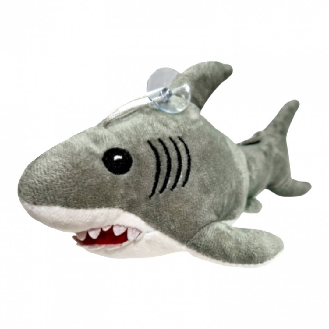 jucarie din plus, rechin cu detalii brodate, baby shark, 27 cm, gri